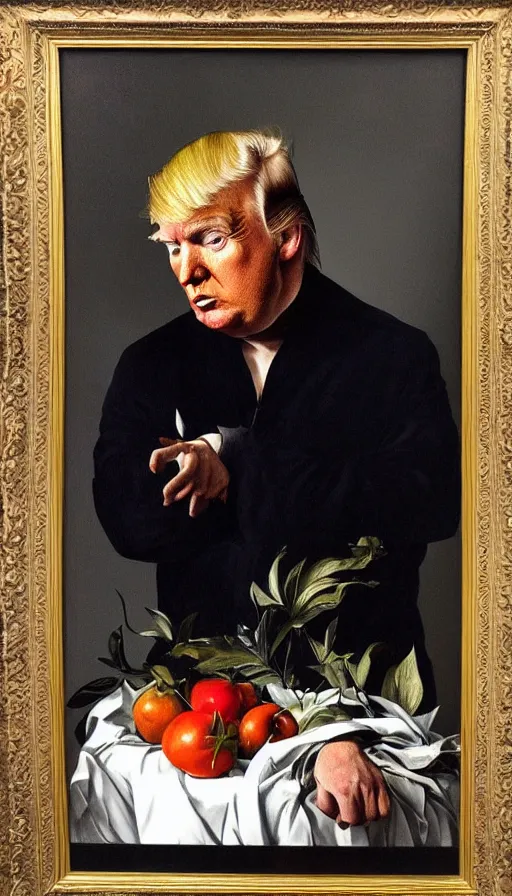 Image similar to hyperrealistic still life painting of Donald Trump, by Caravaggio, botanical print