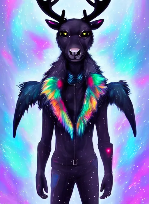 Image similar to award winning beautiful portrait commission of a male furry anthro Black Reindeer cyberpunk fursona with a tail, wings, wings, wings and a cute beautiful attractive detailed furry face wearing stylish black and rainbow galaxy clothes, outline, in a cyberpunk city at night while it rains. Character design by charlie bowater, ross tran, artgerm, and makoto shinkai, detailed, inked, western comic book art