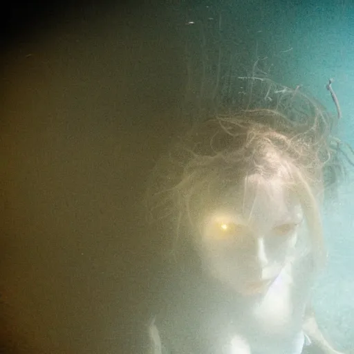 Image similar to sea monster, wide angle, pov underwater, pale skin, dark, foggy water, dramatic,'silent hill ', big eyes, terrifying, horrific, cinematic