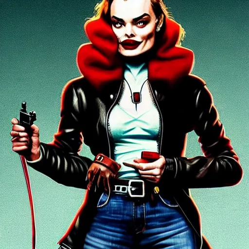 Prompt: Rafael Albuquerque art, Norman Rockwell, pretty Margot Robbie vampire, sharp teeth evil smile, holding HK pistol in hand, symmetrical face symmetrical eyes, leather jacket, jeans, hands with five fingers, realistic hands