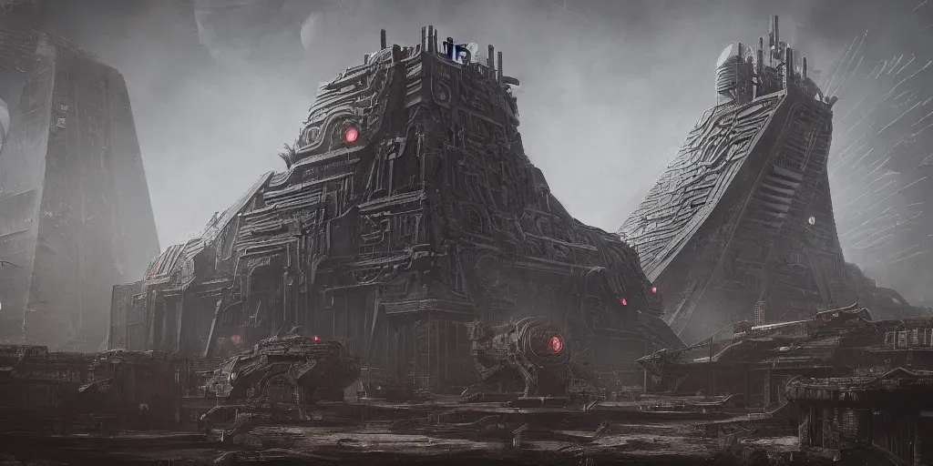 Prompt: brutalist alien ziggurat, dieselpunk, scifi, futuristic, pipes, machinery, highly detailed, rendered in octane, concept art, sharp focus, illustration, bloodborne