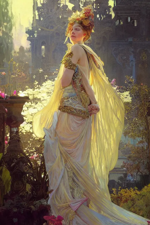 Image similar to hyperrealist portrait of a girl emperorit is decorated with long robes that fall like stars, an ostentatious palace and garden are seen in the background. by jeremy mann and alphonse mucha, fantasy art, photo realistic, dynamic lighting, artstation, poster, volumetric lighting, very detailed faces, 4 k, award winning