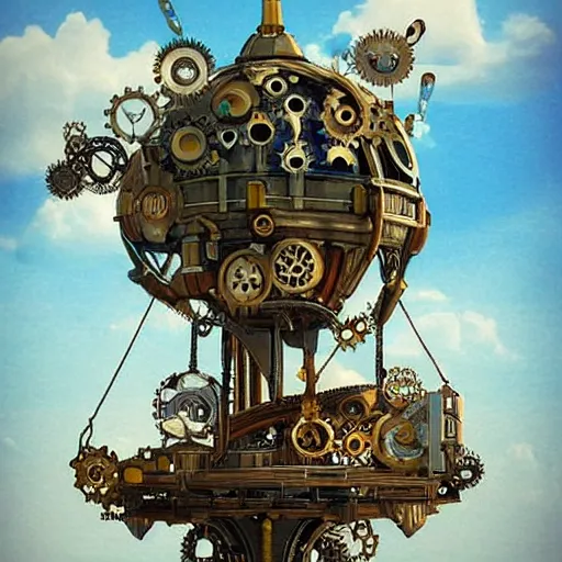 Image similar to flying city in a mechanical flower, sky, steampunk!!!, fantasy art, steampunk, masterpiece, octane