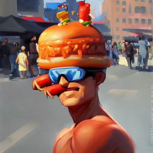 Image similar to greg manchess portrait painting of new york hotdog stand overwatch character, medium shot, asymmetrical, profile picture, organic painting, sunny day, matte painting, bold shapes, hard edges, street art, trending on artstation, by huang guangjian and gil elvgren and sachin teng