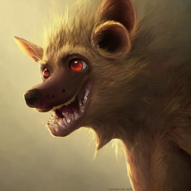 Image similar to a beautiful portrait of a cute anthropomorphic humanoid brown hyena fursona. big eyes. character design by cory loftis fenghua zhong ryohei hase isma