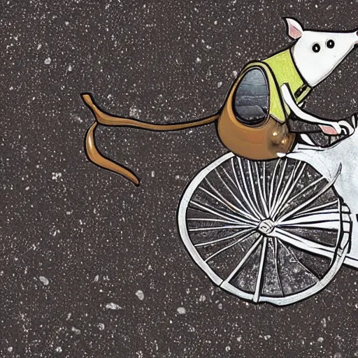 Image similar to a stainless steel bike, made of swiss cheese wheels, a cartoonish rat riding the bike on the surface of the moon and, photorealistic