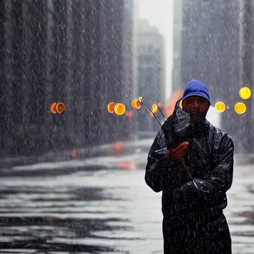 Image similar to closeup portrait of a man fishing in a rainy new york street, photography, natural light, world press photo