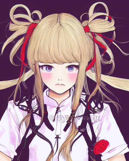 Image similar to illustration of a blonde twintails hair with ribbons anime girl with red eyes in the style of studio ghibli, ayami kojima, akihiko yoshida and 90's anime