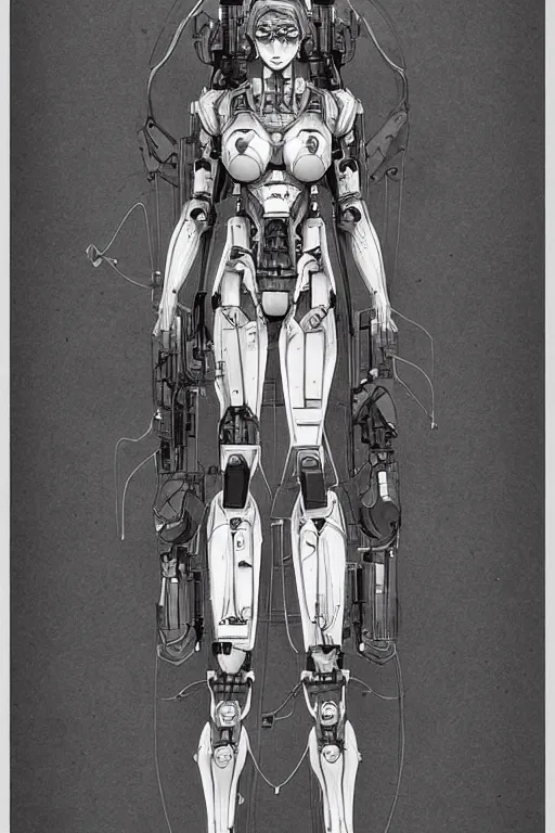 Image similar to full body illustration female cyborg, very symmetrical!! highly detailed, sumi - e art, suiboku - ga ink, by kim jisu, pen and ink monochrome, mecha, deviantart, artstation, pinterest