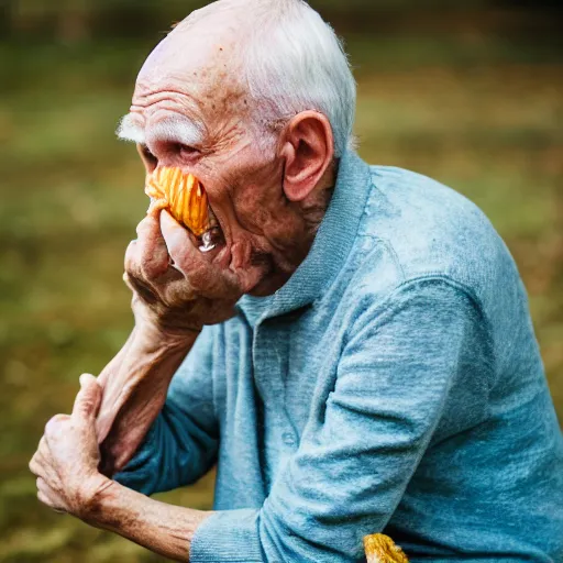 Image similar to an elderly man eating a giant bug, canon eos r 3, f / 1. 4, iso 2 0 0, 1 / 1 6 0 s, 8 k, raw, unedited, symmetrical balance, in - frame