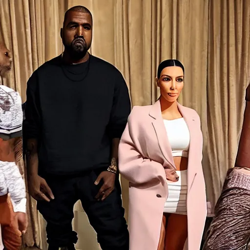 Image similar to kim kardashian standing in the middle of kanye west and pete davidson