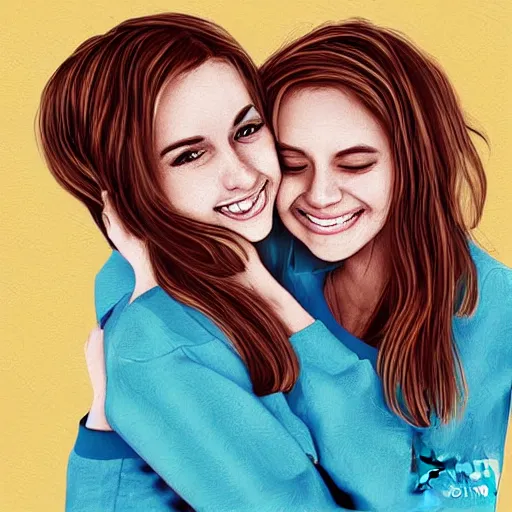 Image similar to two young beautiful blond women, smiling and hugging each other, digital art, illustration