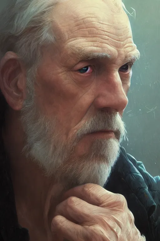 Prompt: portrait, close up, cyberpunk old man, movie poster, normal hands, normal legs, cinematic lighting, intricate, rugged, highly detailed, digital painting, artstation, smooth, sharp focus, illustration, art by artgerm and greg rutkowski and alphonse mucha and Wayne Barlowe and william-adolphe bouguereau