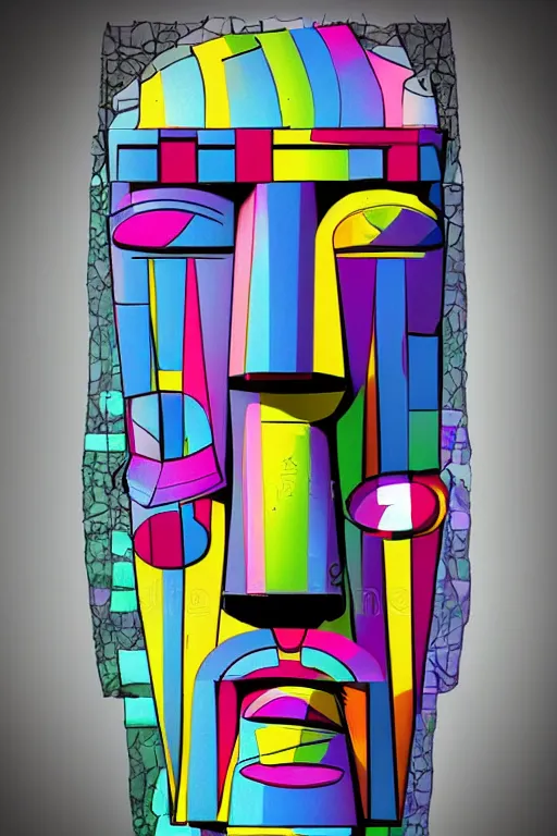 Image similar to cubist moai statue cutout digital illustration cartoon colorful beeple