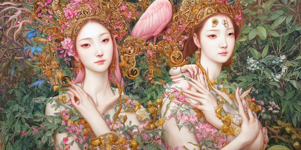 Image similar to breathtaking detailed concept art painting of the goddess of flamingo, orthodox saint, with anxious, piercing eyes, ornate background, amalgamation of leaves and flowers, by Hsiao-Ron Cheng and John James Audubon and Miho Hirano, extremely moody lighting, 8K