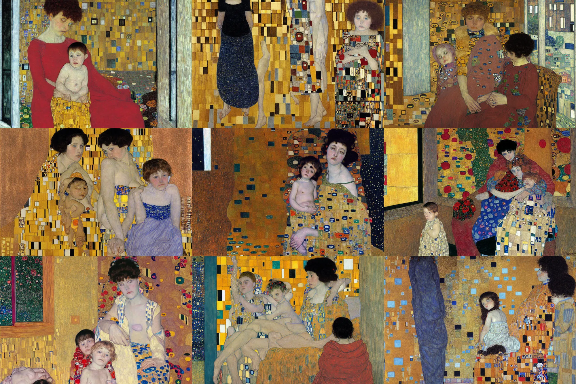 Prompt: two women and a child sitting next to a window, wall and window in the background, painting by gustav klimt