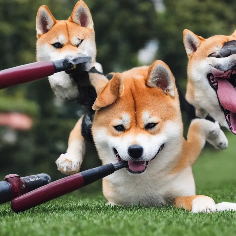 Prompt: shiba inu dog with baseball bat 4 k