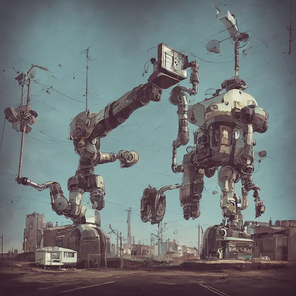 Image similar to “ retrofuturistic robot in norilsk panel houses in style of simon stalenhag ”