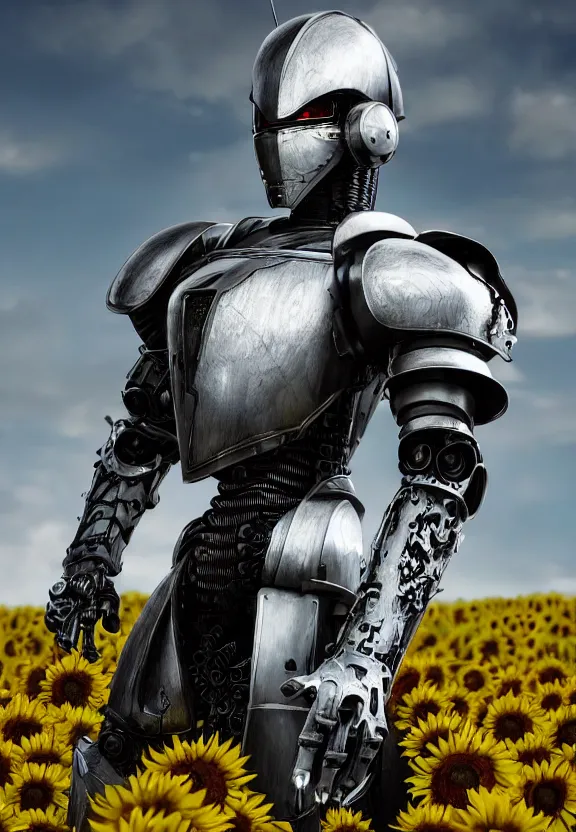 Prompt: photography of a hyper realistic cybertronic knight with a sword. complex and highly detailed armor, leds, in a sunflower field. intense stare, concept art, intricate detail, volumetric shadows and lighting, realistic glass sculpture, octane render, unreal engine.