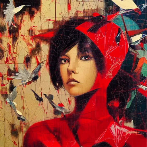 Prompt: portrait of a daydreaming melancholic latina woman in red habit being progressively rasterized into virtual pixels, she is surrounded by digital birds and a giant loving neon mecha robot is beside her, oil on canvas by yoji shinkawa, esao andrews and dave mckean