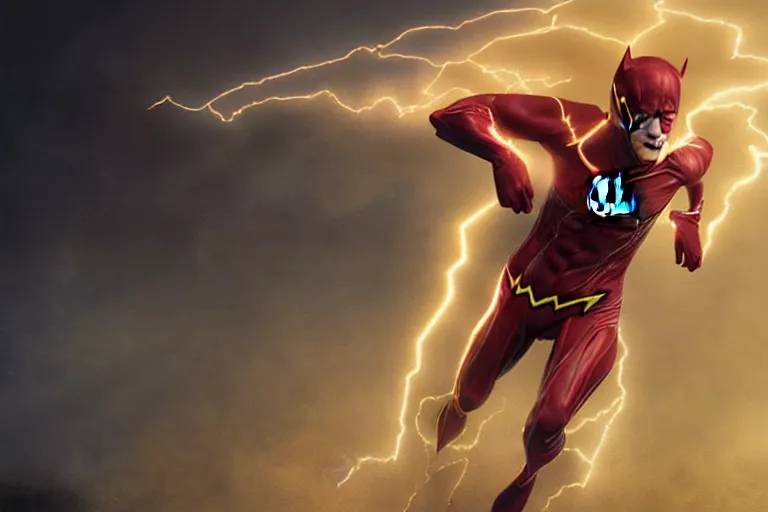 Image similar to a stunning digital painting of a horse as the flash in spandex costume, running in the speedforce by greg rutkowski, volumetric light, digital art, fine detail, photorealistic