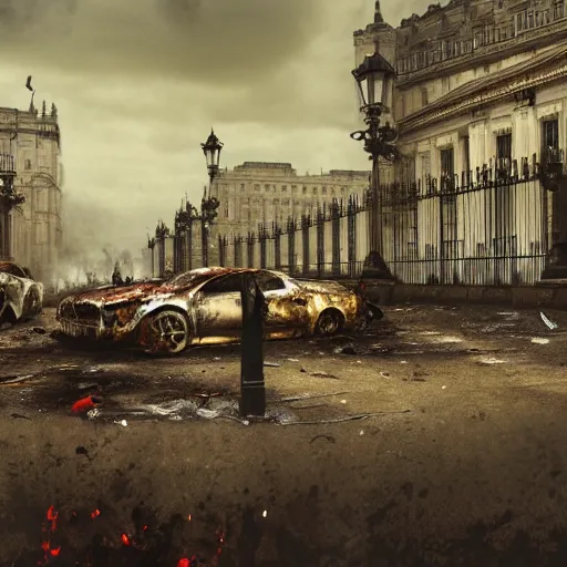 Prompt: a wide shot concept art of a zombie apocalypse in london town outside buckingham palace, 1 0 0's of zombies, smoke, fire, apocalyptic style image, smashed up cars, dead body's on the ground, blood, hyper detailed, illustration, digital art, featured on artstation, award winning image, unreal engine 7 render, 8 k, masterpeice