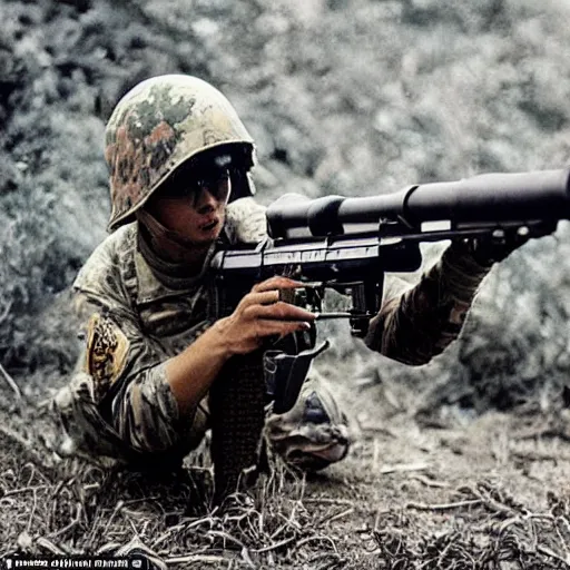 Image similar to “ a hamster dressed in military camo in the vietnam war, firing its m 1 6, action shot, highly detailed, film photograph ”
