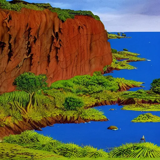 Prompt: illustration of a lush natural scene on an alien planet by brian millar. beautiful landscape. colourful weird vegetation. cliffs and water.