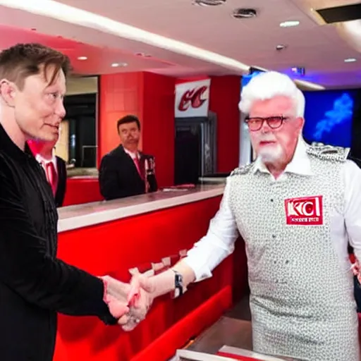 Prompt: photograph of Elon Musk shaking hands with Colonel Saunders in a grand opening of a KFC restaurant, high quality