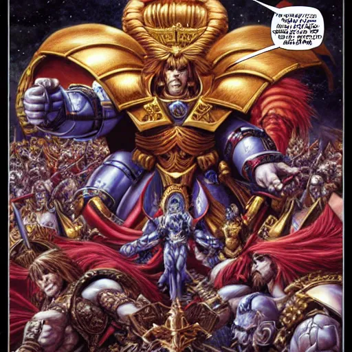 Prompt: the god-emperor of mankind triumphs over his enemies, hyper detailed, hyper realistic, digital art, trending on DeviantArt, modern comic, by Moebius