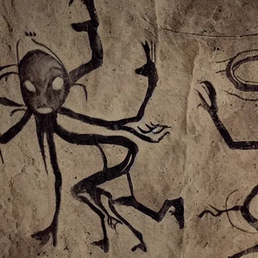 Prompt: an alien, cave paintings, pre - historic, lascaux, primitive, cave art style