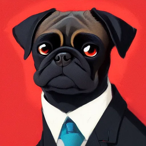 Prompt: a realistic portrait of anthropomorphized black pugalier dog wearing suit and tie, photographic realistic background, by atey ghailan, by greg rutkowski, by greg tocchini, by james gilleard, by joe fenton, by kaethe butcher, trending on instagram, award winning details
