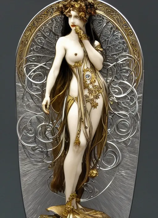 Image similar to Goth girl, fractal silver and gold sculpture by Alphonse Mucha