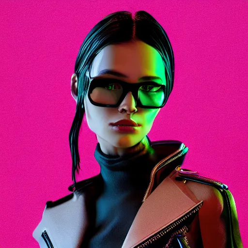 Image similar to stylish woman cartoon portrait made out of rain, leather jacket, cyberpunk background, rendered in octane, unreal engine, highly detailed, trending on artstation, realistic, neon, beautiful