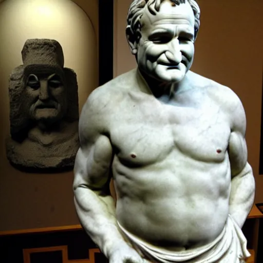 Image similar to robin williams as a greek marble statue