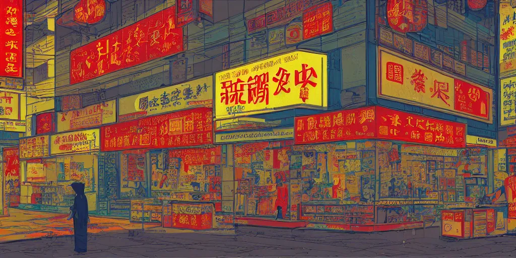 Prompt: a shop window in hong kong, by dan mumford and peter doig and edward hopper, minimal, line brush, muted colours, overlaid with chinese adverts, 8 k