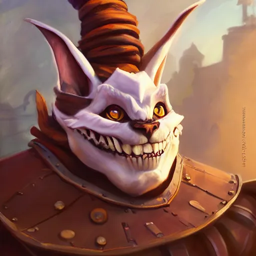 Image similar to greg manchess portrait painting of partially armored cheshire cat from alice in wonderland as overwatch character, medium shot, asymmetrical, profile picture, organic painting, sunny day, matte painting, bold shapes, hard edges, street art, trending on artstation, by huang guangjian, gil elvgren, ruan jia, randy vargas, greg rutkowski