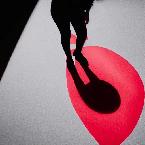 Prompt: red light from above defines the shape of her shadow on the floor below