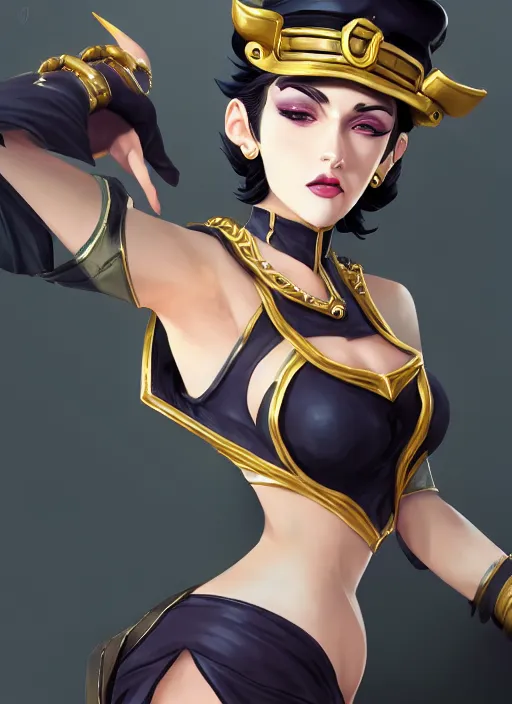 Image similar to a highly detailed illustration of beautiful girl cosplaying jotaro kujo, intricate, elegant, highly detailed, centered, digital painting, artstation, concept art, smooth, sharp focus, league of legends concept art, wlop.