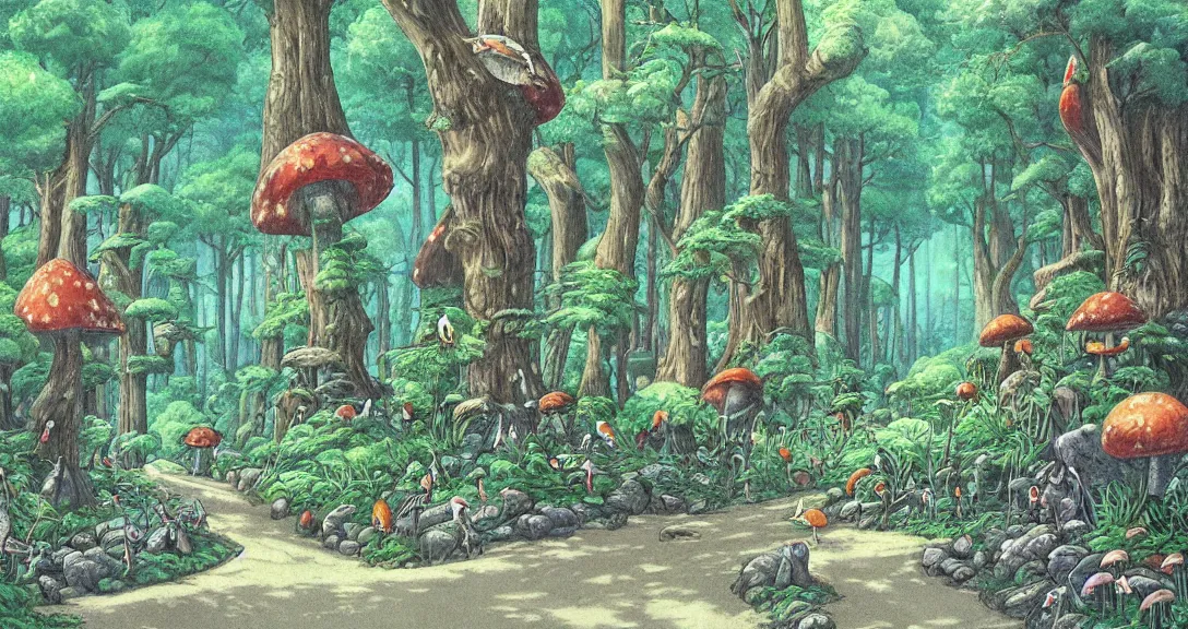 Prompt: road in a forest road, with different birds and animals, small and big fairy tale buildings, giant mushrooms, weird creatures, highly detailed, fantasy art, fairy tale illustration, book illustration, by sven nordqvist, by studio ghibli,