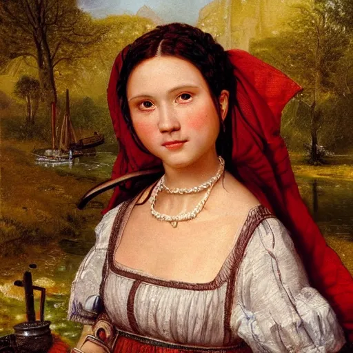 Image similar to portrait of a batavian woman ( 3 5 ) from dutch rhine delta ( that the romans called batavia ) in 2 5 0 a. d., an oil painting by ross tran and thomas kincade