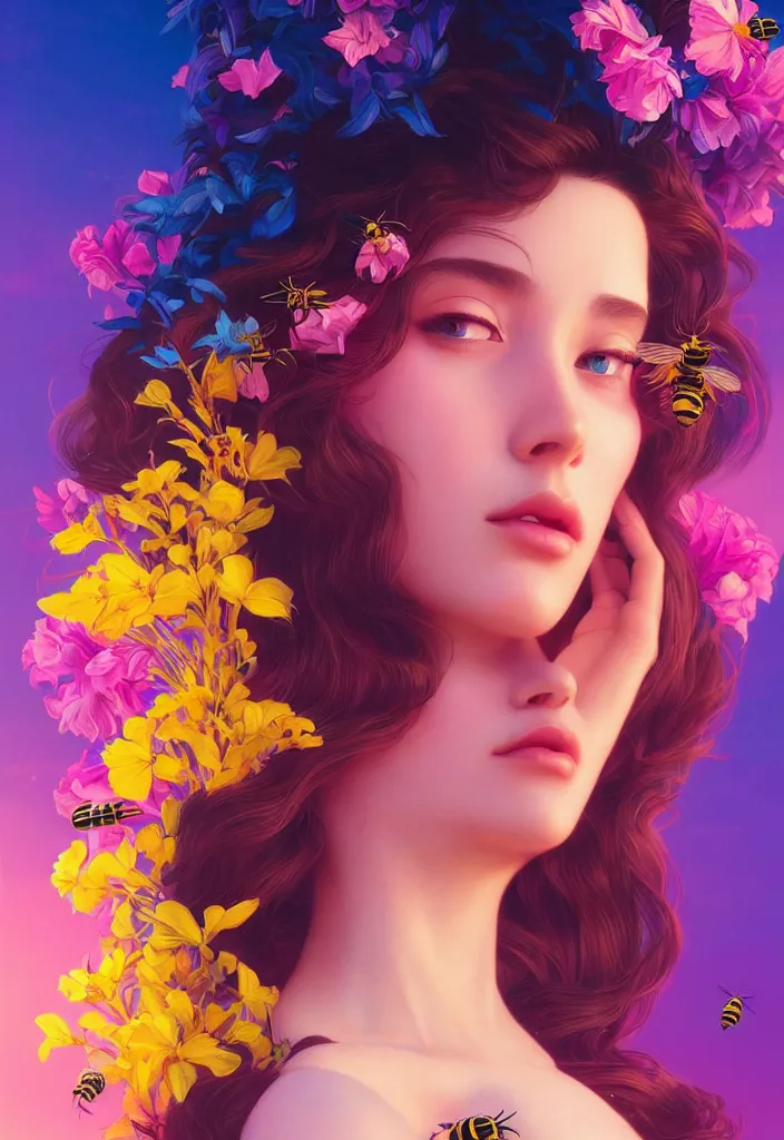 Image similar to young beautiful woman, gorgeous face, vaporwave aesthetic, synthwave, colorful, psychedelic, artstation, flowers, bees, full - body, gown, smooth, extremely sharp detail, finely tuned detail, 8 k, unreal engine 5, ultra sharp focus, illustration, art by artgerm and greg rutkowski and alphonse mucha