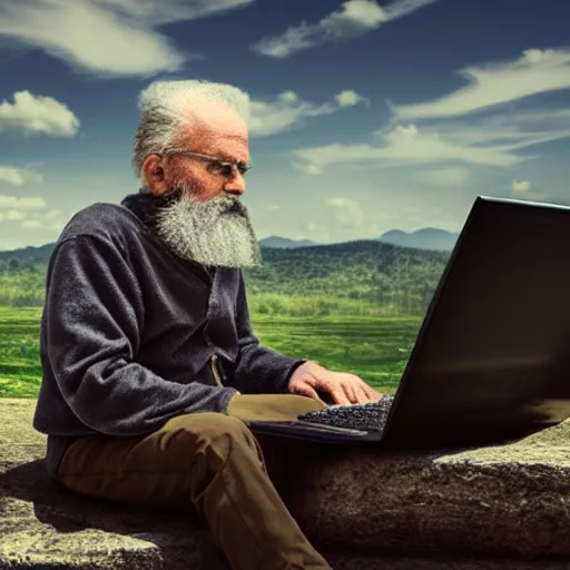 Image similar to dignital art of a bearded old man sitting on a cloud in the sky using a desktop computer 3 5 mm hdr sunny