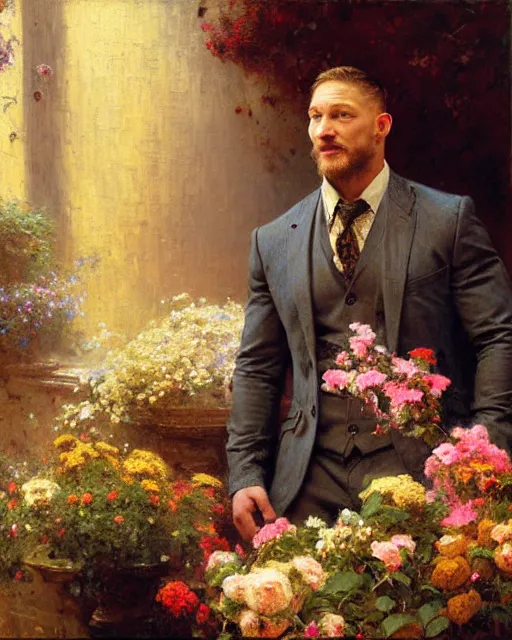 Image similar to tom hardy admiring a table full of flowers, golden hour painting by gaston bussiere, craig mullins, j. c. leyendecker