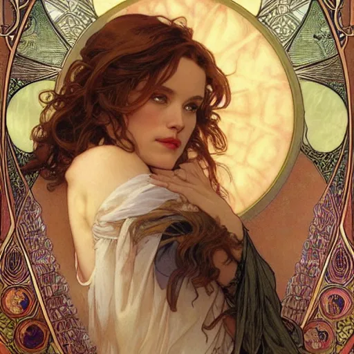 Prompt: realistic detailed face portrait of Rachel McAdams by Alphonse Mucha, Ayami Kojima, Amano, Charlie Bowater, Karol Bak, Greg Hildebrandt, Jean Delville, and Mark Brooks, Art Nouveau, Neo-Gothic, gothic, rich deep moody color