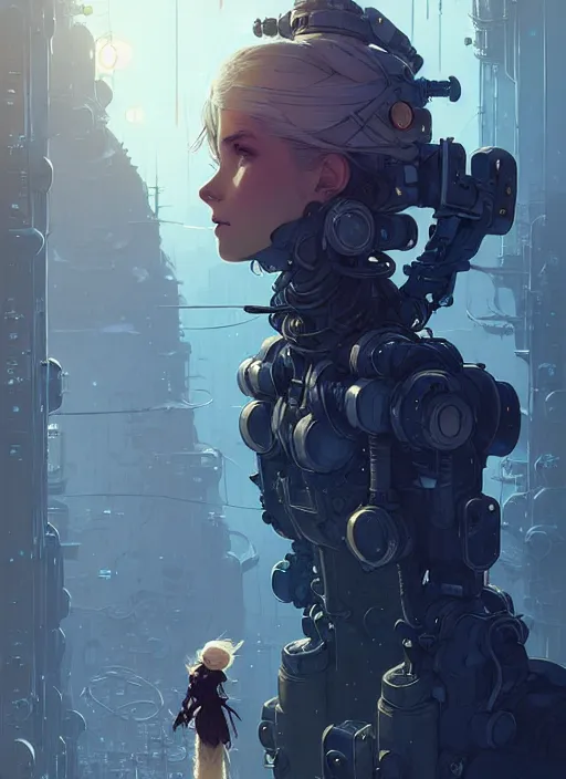 Image similar to highly detailed portrait of a hopeful frostpunk long blonde hair lady with mecha companion, stray wiring by atey ghailan, james gilleard, by joe fenton, by greg rutkowski, by greg tocchini, by kaethe butcher, 4 k resolution, gradient blue, black and white color scheme!!! ( ( glaciated dystopian city background ) )
