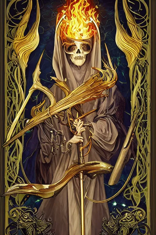 Prompt: oil painting of grim reaper with a cloak and hood of fireflies and flameches, golden art nouveau scythe blade, flames intricate stained glass background, elegant, intricate art nouveau frame, highly detailed, artstation, concept art, matte, sharp focus, art by Tom Bagshaw, wlop