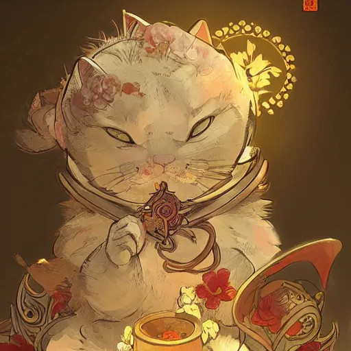 Image similar to A cute maneki neko, flowers around, D&D, fantasy, intricate, cinematic lighting, highly detailed, digital painting, artstation, concept art, smooth, sharp focus, illustration, art by Akihiko Yoshida, Greg Rutkowski and Alphonse Mucha