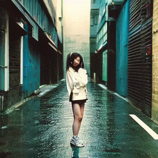 Image similar to 1990s perfect 8K HD professional cinematic photo of close-up japanese schoolgirl posing in sci-fi dystopian alleyway at morning during rain, at instagram, Behance, Adobe Lightroom, with instagram filters, depth of field, taken with polaroid kodak portra