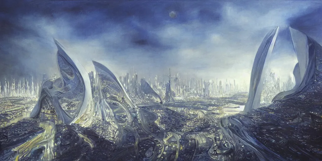 Image similar to a beautiful painting of epic fantasy islamic zaha hadid city by alan lee, trending on artstation